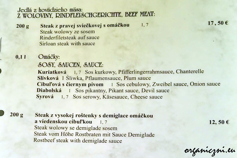 Informacja o alergenach w w menu słowackiej restauracji