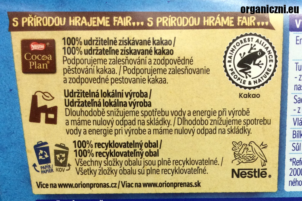 Certyfikat Rainforest Alliance na opakowaniu czekolady Nestle