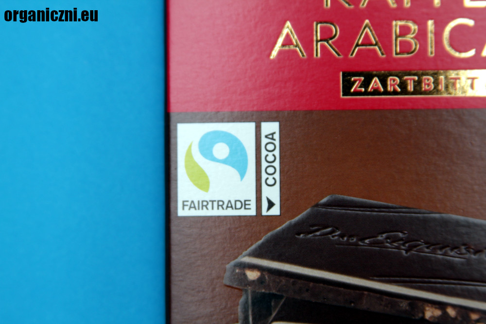Certyfikat Fairtrade na opakowaniu czekolady Das Exquisite z Rossmanna